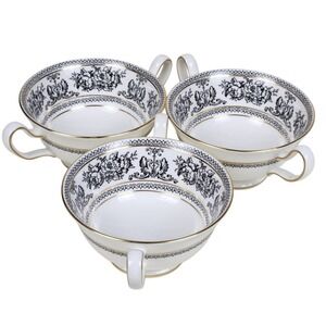 Wedgwood Bone China Cream Soup Bowls Set 3 Black Gold Floral England